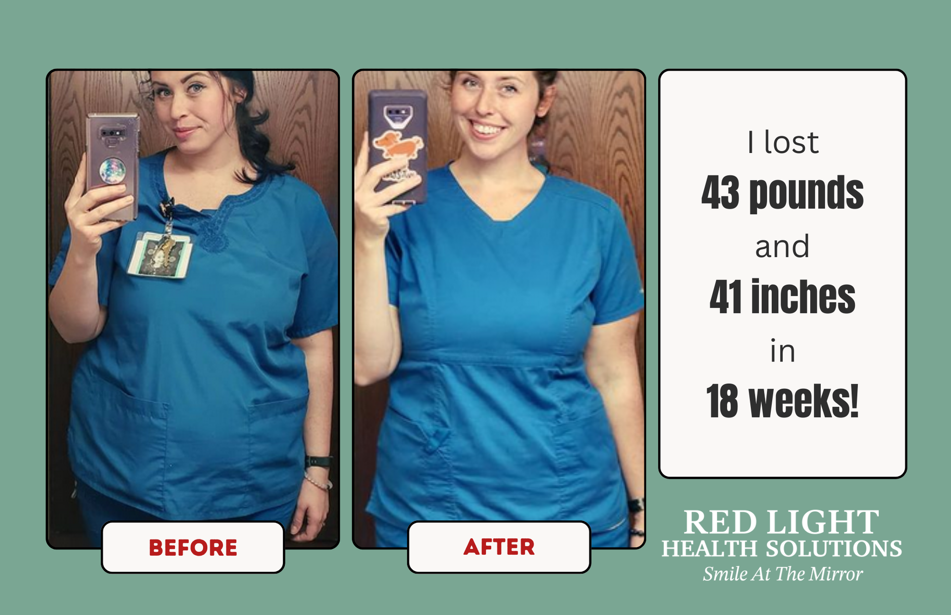 Before-and-after photos of a woman wearing blue scrubs, with text stating weight/inch loss.