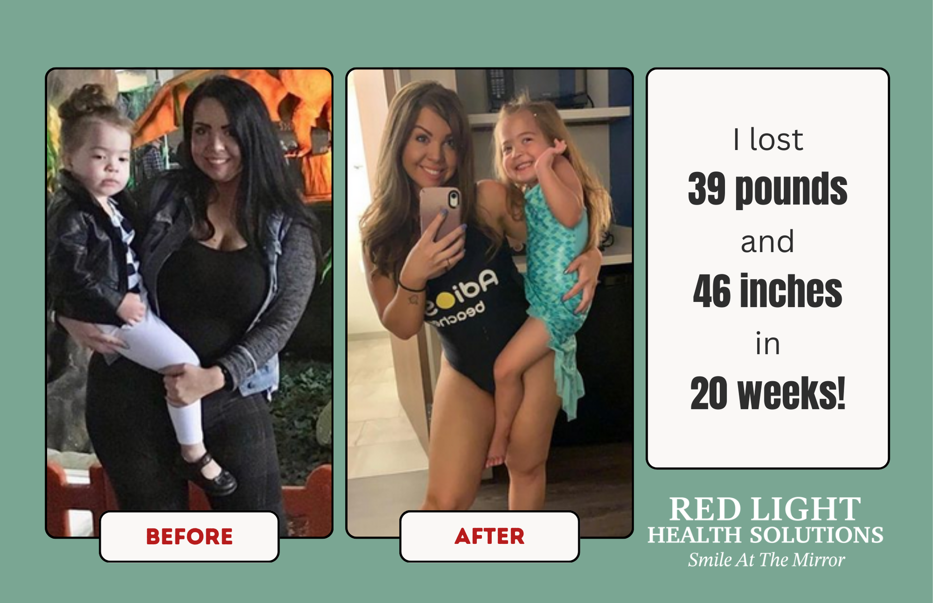 Weight loss transformation: Woman with child before and after. Lost 39 pounds/46 inches in 20 weeks.
