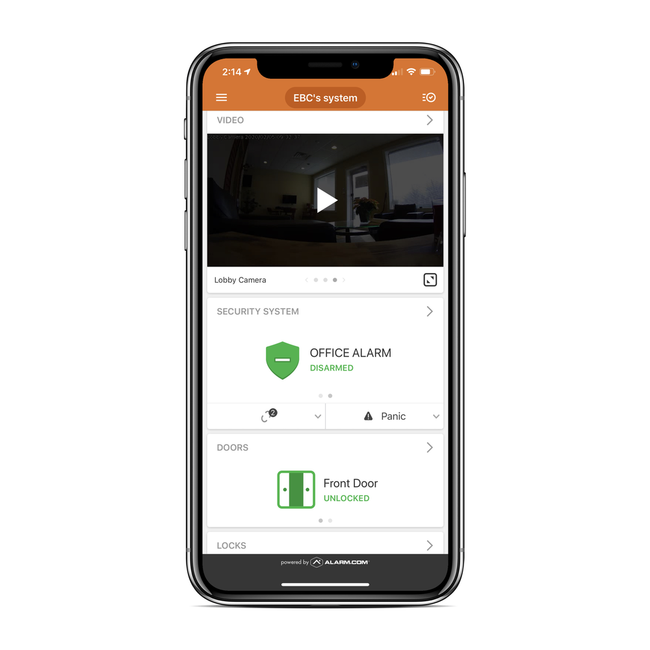 Smartphone showing a security app dashboard with camera view, office alarm armed, and front door status