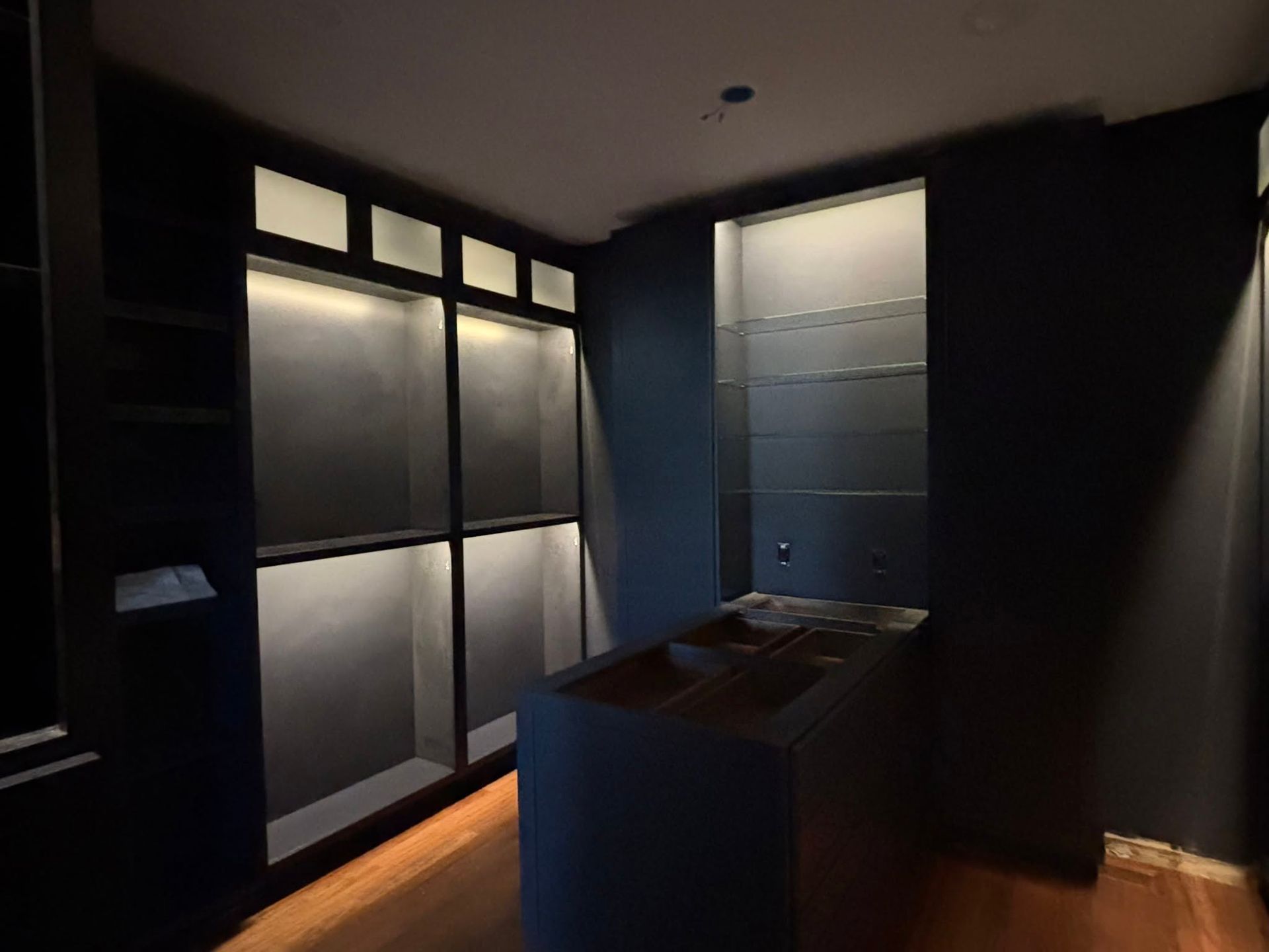 Dim modern room with glass-front cabinets, frosted panels, and a small counter under recessed lighting