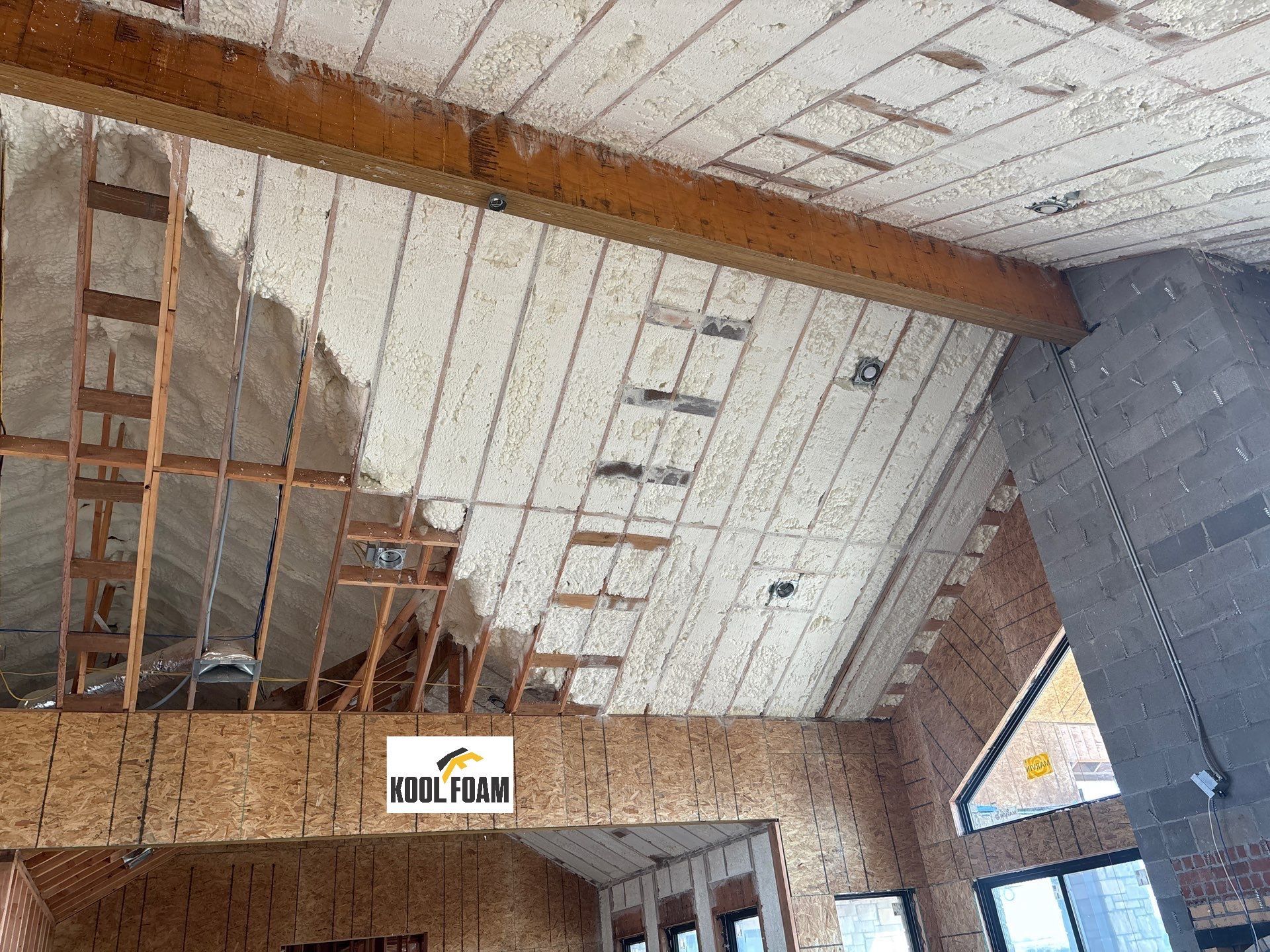 Completed spray foam insulation on attic roofline in North Central Oklahoma home