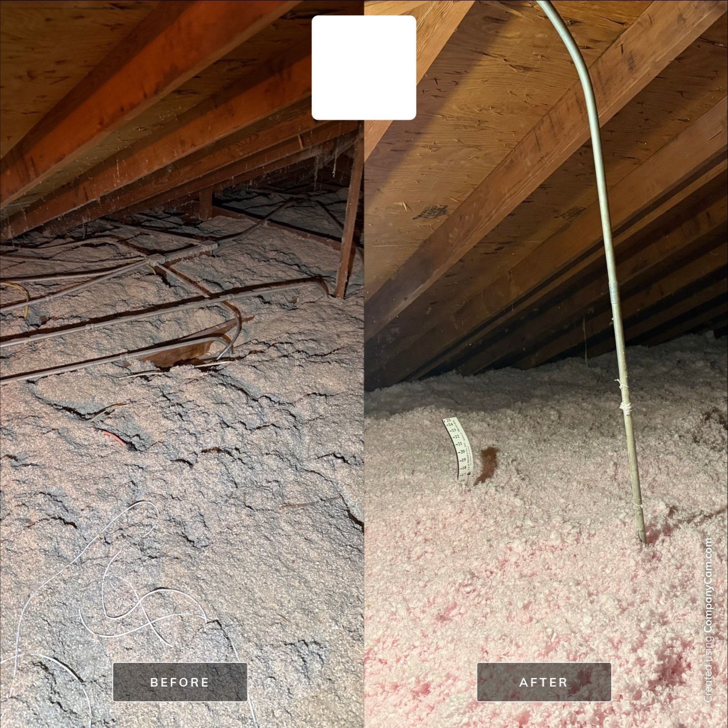 Comparison of attic insulation before and after. Left: old gray insulation. Right: new pink insulation.