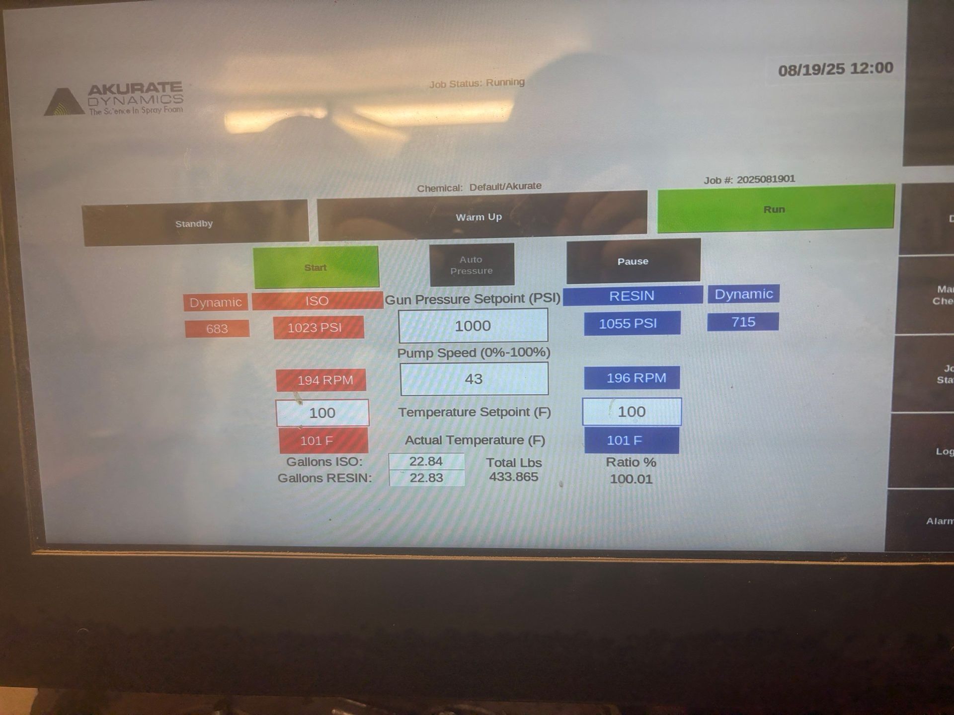 Control panel displaying data, with colored buttons and numerical readouts, likely for monitoring.