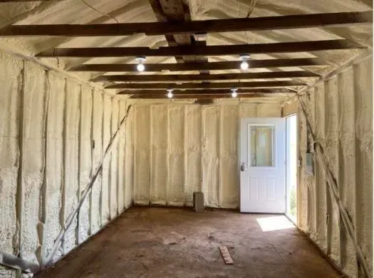 Interior of a small building insulated with yellow spray foam, a door is open. Wooden beams and joists are visible.
