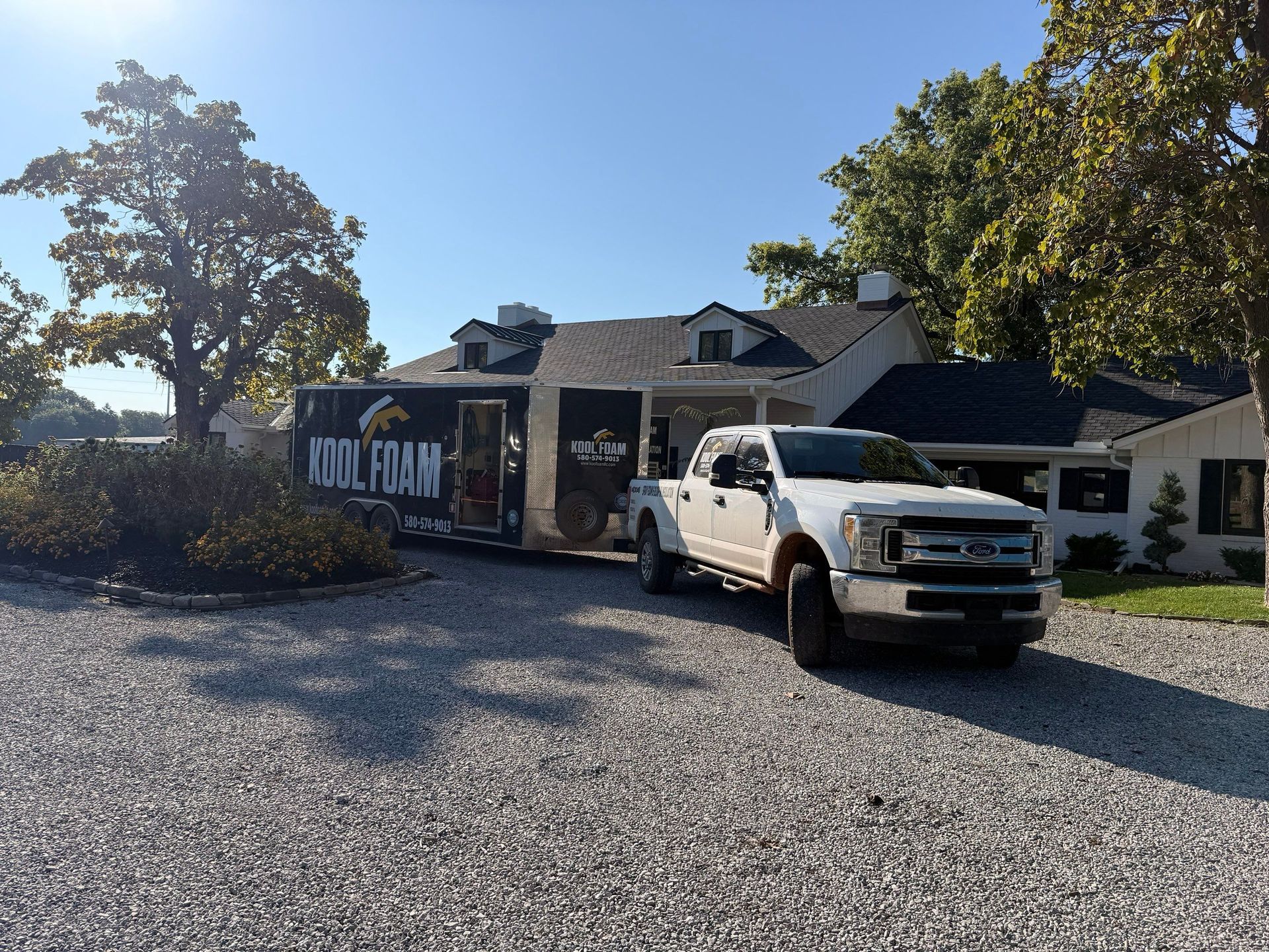 White truck towing a trailer with 