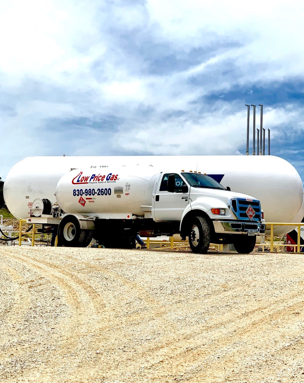 White fuel tanker truck parked on gravel under a cloudy sky at an industrial site