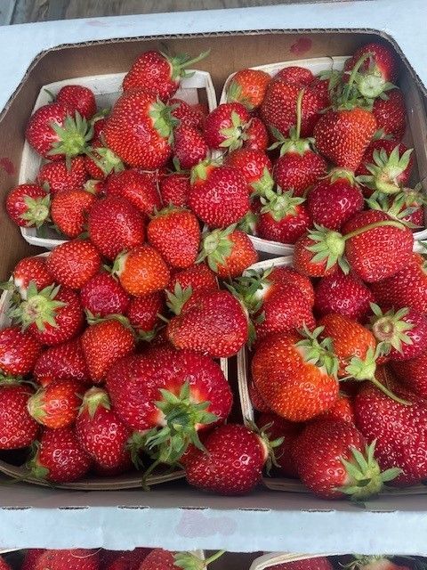 A box filled with strawberries is sitting on a table.