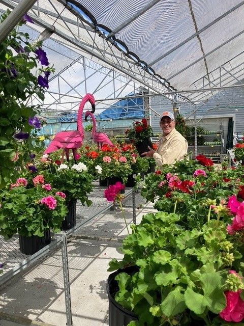 A man is standing in a greenhouse surrounded by flowers and a pink flamingo
