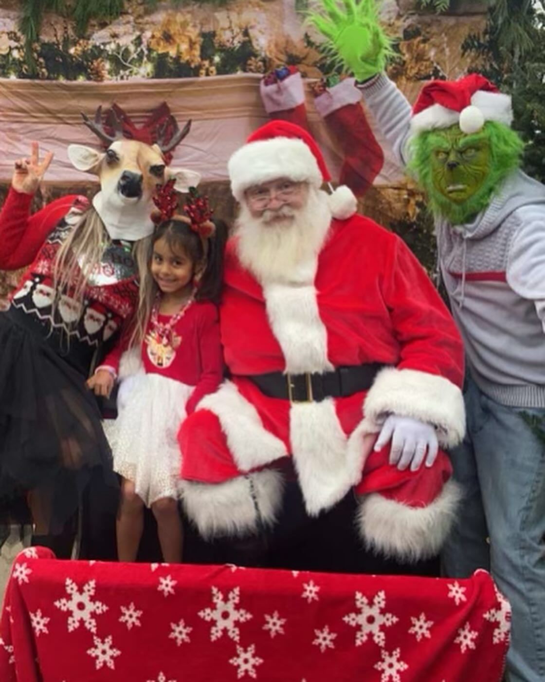 A group of people dressed as santa claus and the grinch pose for a picture