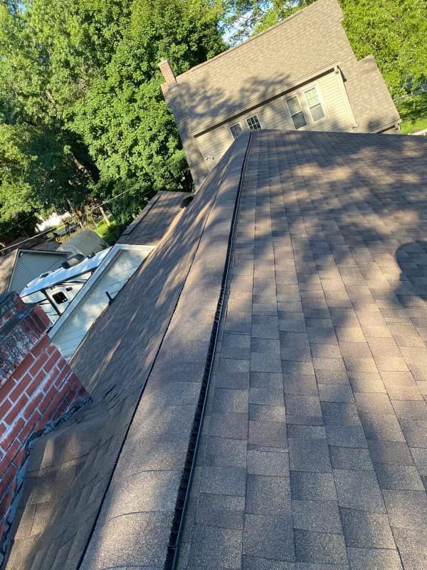 A close up of a roof with a chimney and trees in the background.