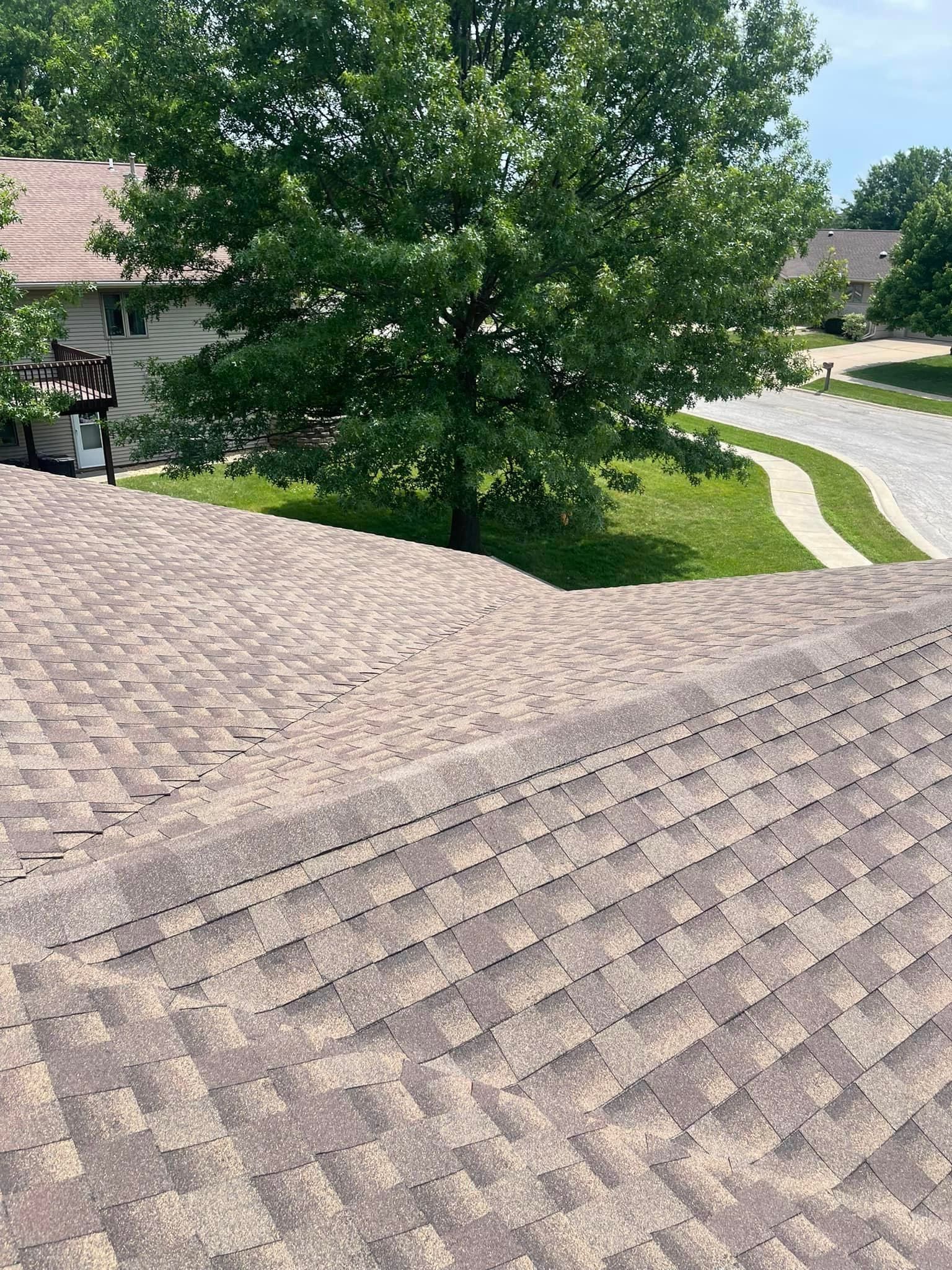 A roof with a tree in the background and a house in the background.