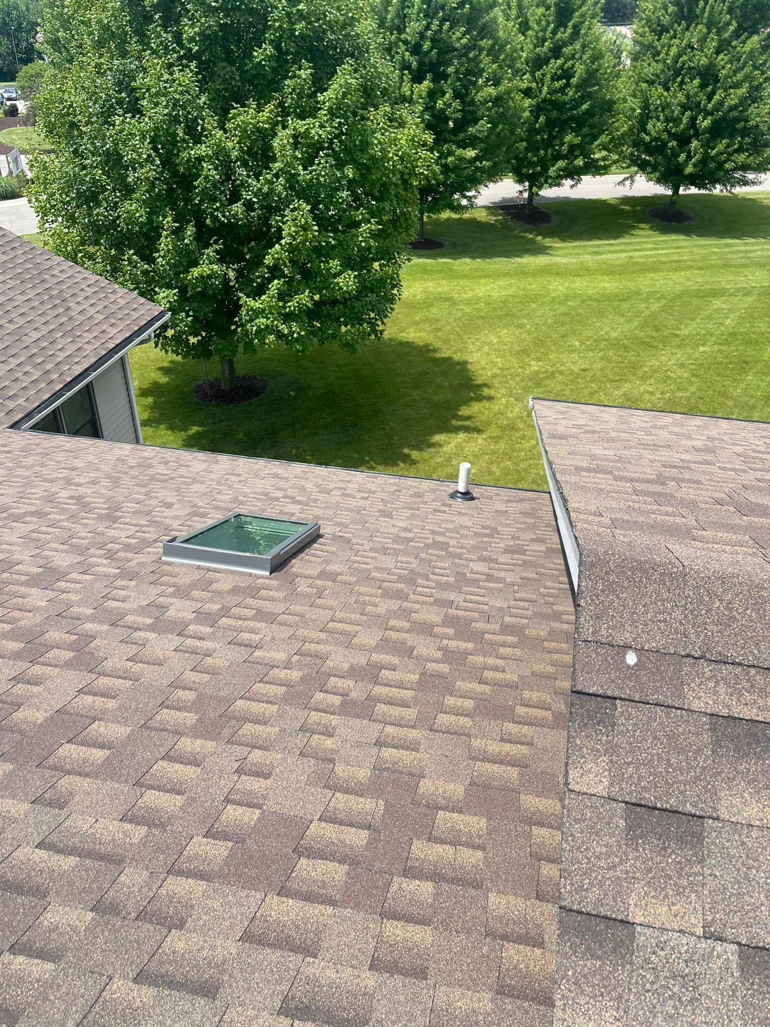 A roof with a skylight and trees in the background.