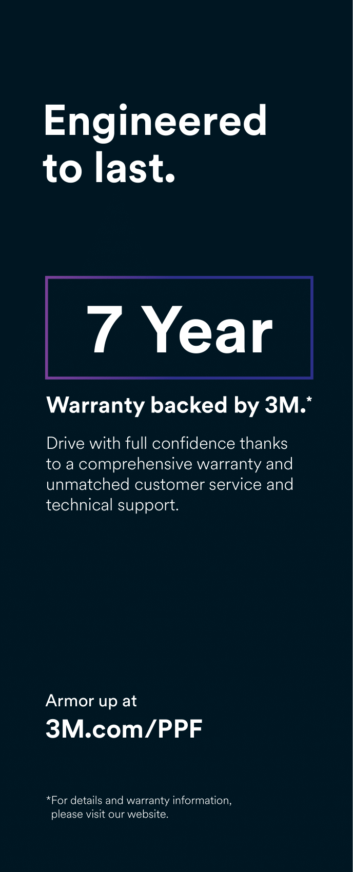 An advertisement for a 7 year warranty for 3M Paint Protection Film