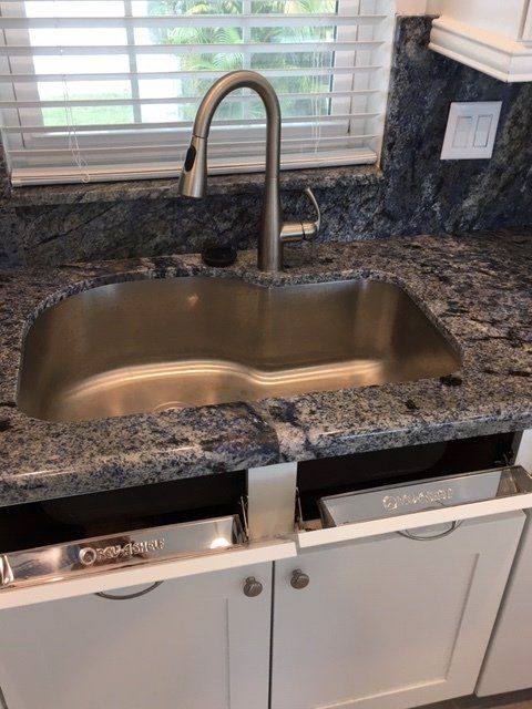 A kitchen sink with a faucet and a dishwasher underneath it.