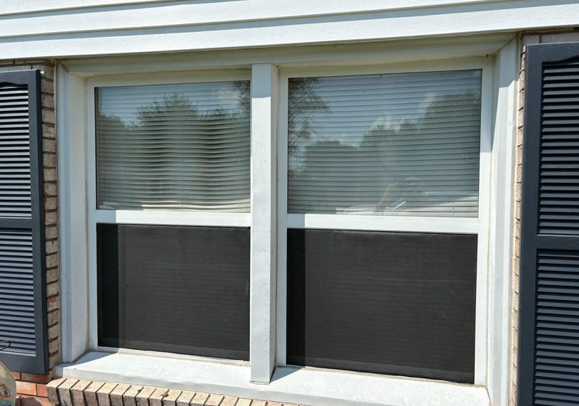 Front view of two white-framed windows with blinds on a light blue house exterior