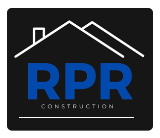 RPR Construction logo with blue letters on a black background and white roofline graphic