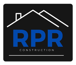 RPR Construction logo with blue letters on a black background and white roofline graphic
