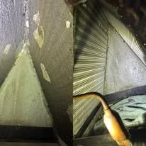 Two views of a vent: before and after cleaning. Showing dusty surface and then clean ribbed slats with a light.