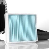 White and blue pleated air filter for a vacuum cleaner.