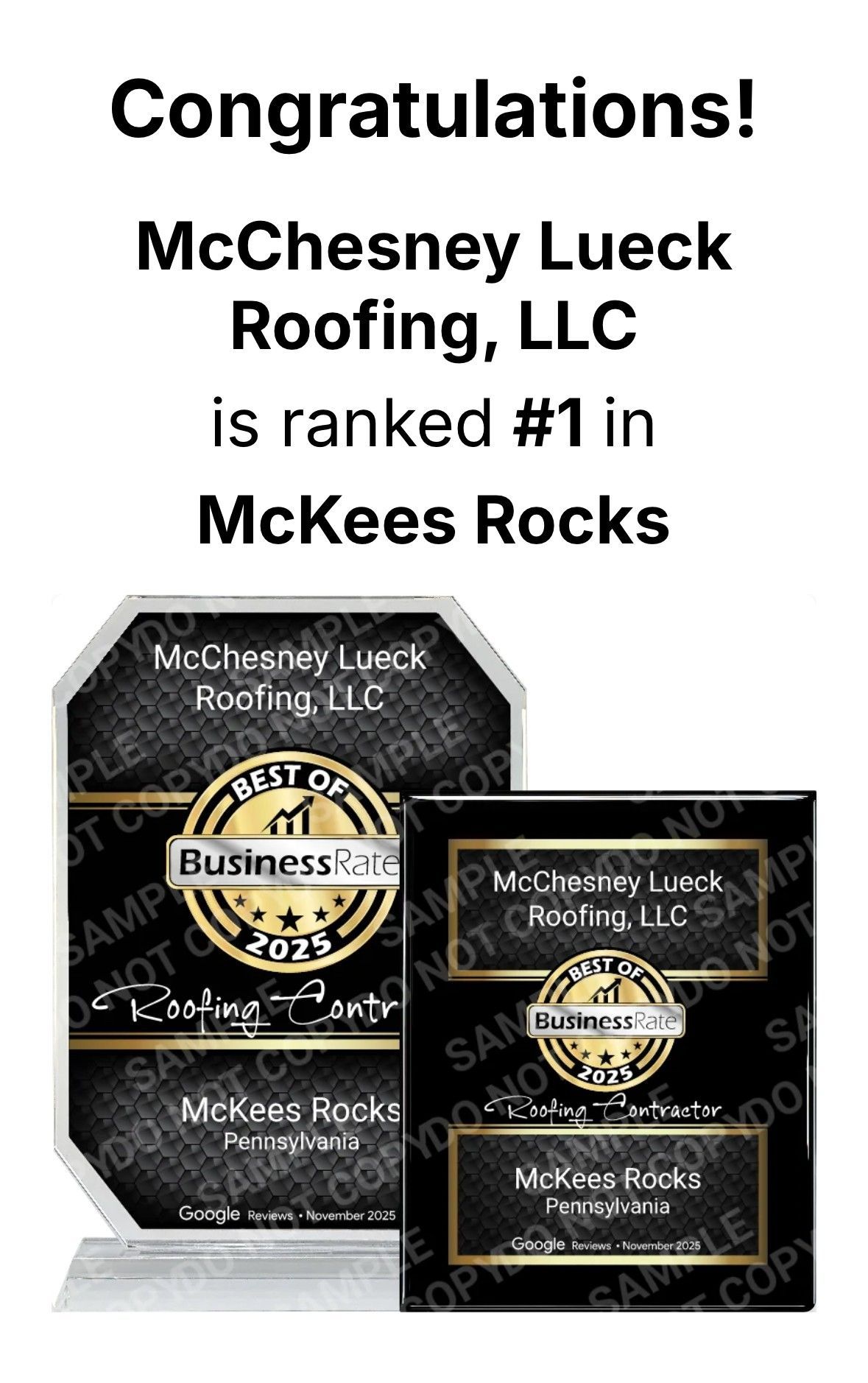 Award certificate for McChesney Lueck Roofing, LLC, ranked #1 in McKees Rocks.