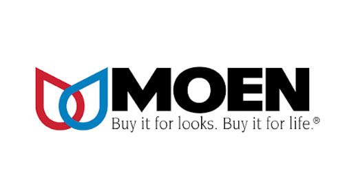 MOEN logo in black with red and blue faucet icon and slogan “Buy it for looks. Buy it for life.”