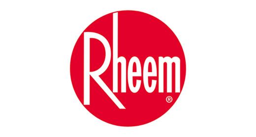 Rheem logo in red text inside a red circle on a white background