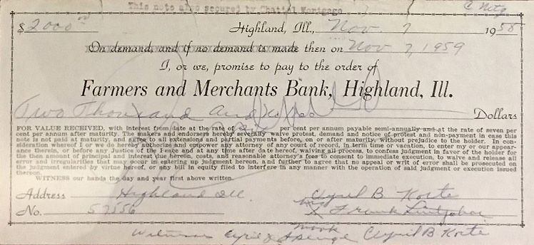 A check from the farmers and merchants bank in highland il
