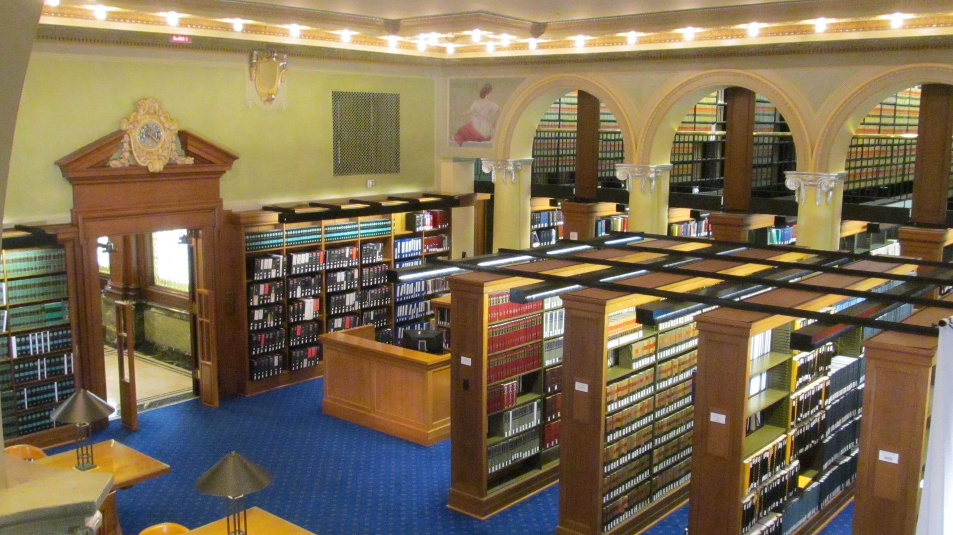 An aerial view of a library with lots of bookshelves