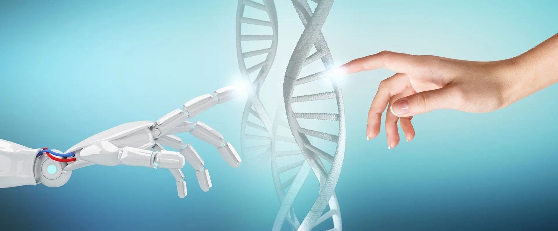 Robot and human hands reaching towards a double helix DNA strand against a blue background.