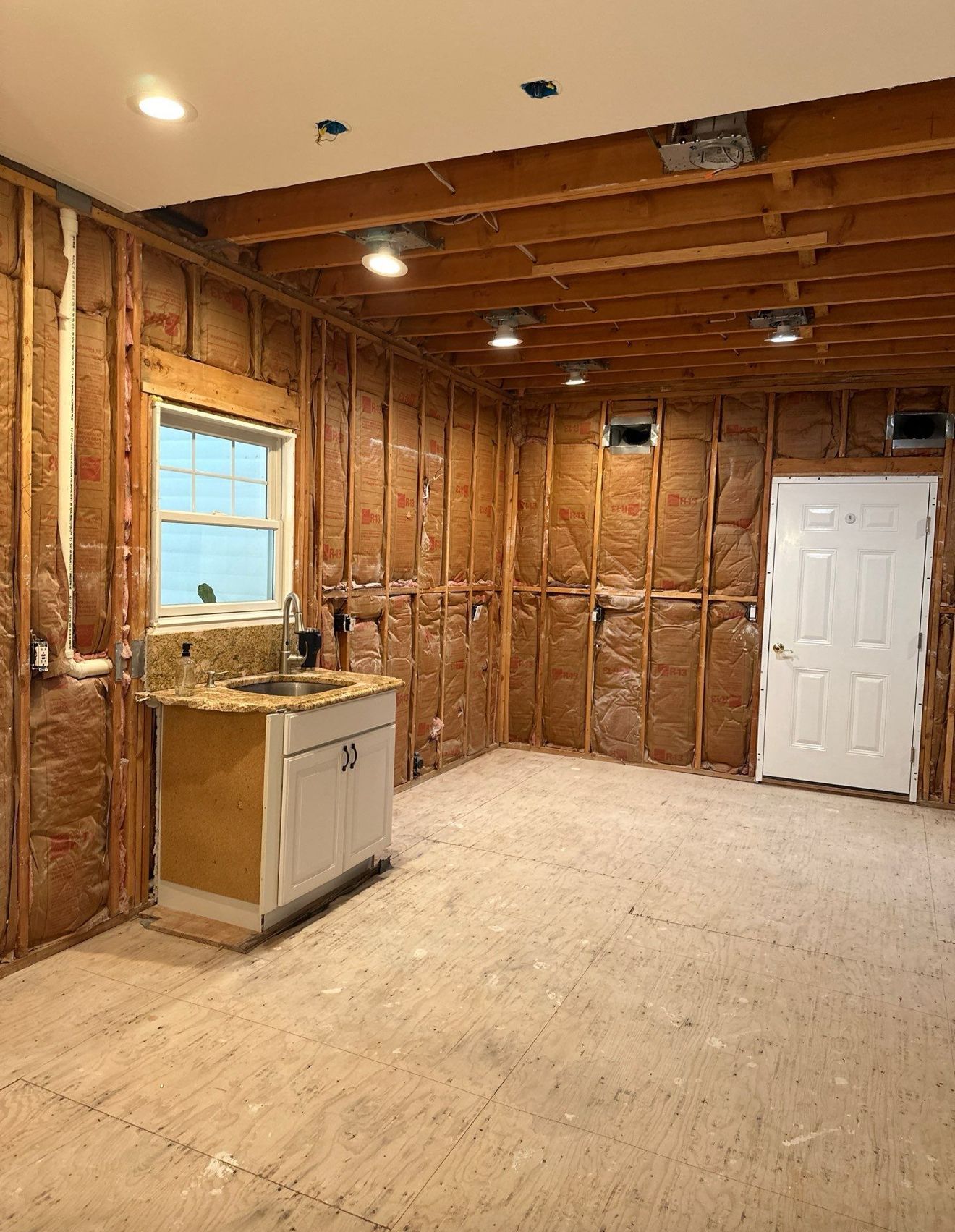 Interior renovation: Room with exposed wood studs, insulation, and a sink. A window and a white door are visible.