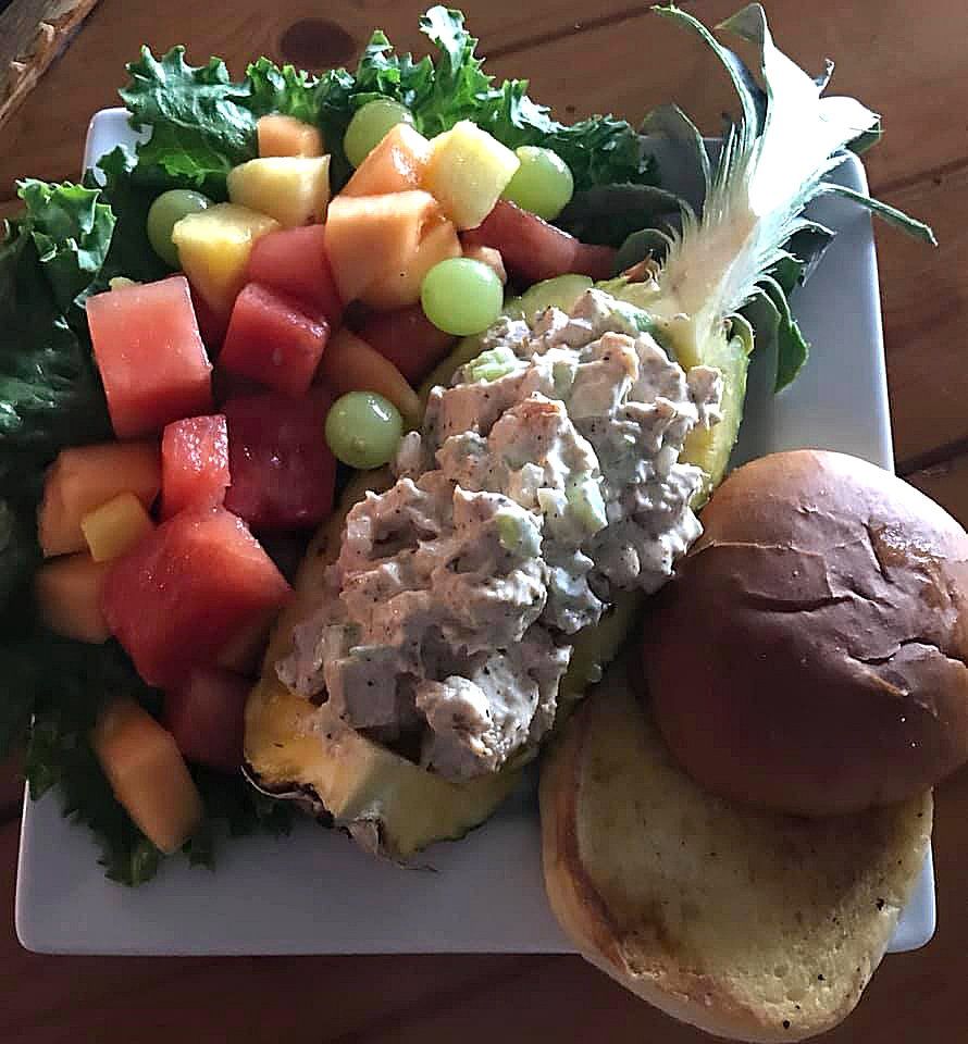 Fruits, salad and bread