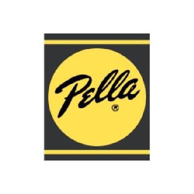 The pella logo is a yellow circle with the word pella on it.