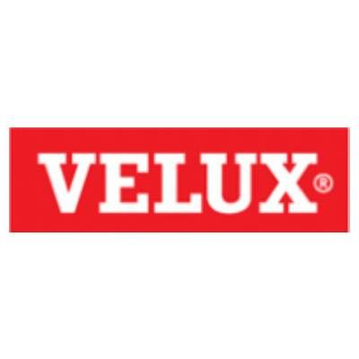 A red and white velux logo on a white background