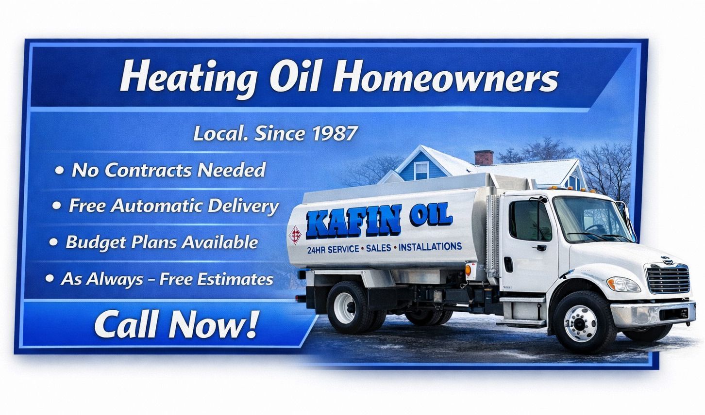 Advertisement for Kafin Oil featuring a delivery truck, services listed, and a call to action on a blue background.