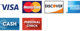 Visa, MasterCard, Discover, American Express, Cash and Personal Check