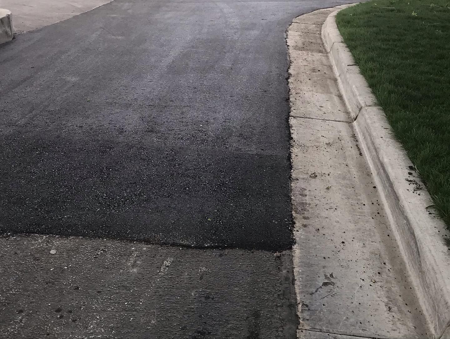 Newly paved asphalt driveway next to a concrete curb and grassy lawn.