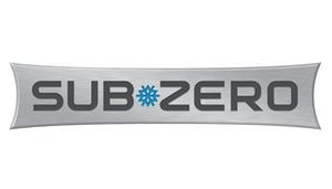 Silver Sub-Zero logo with grey text on a stylized silver bar. A blue snowflake is between
