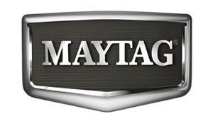 Maytag logo: silver letters on a dark background, in a silver-bordered shield shape.