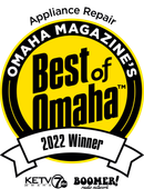 Best of Omaha award logo. Black and yellow design. Omaha Magazine's Best of Omaha text. Appliance Repair category. 2022 Winner.