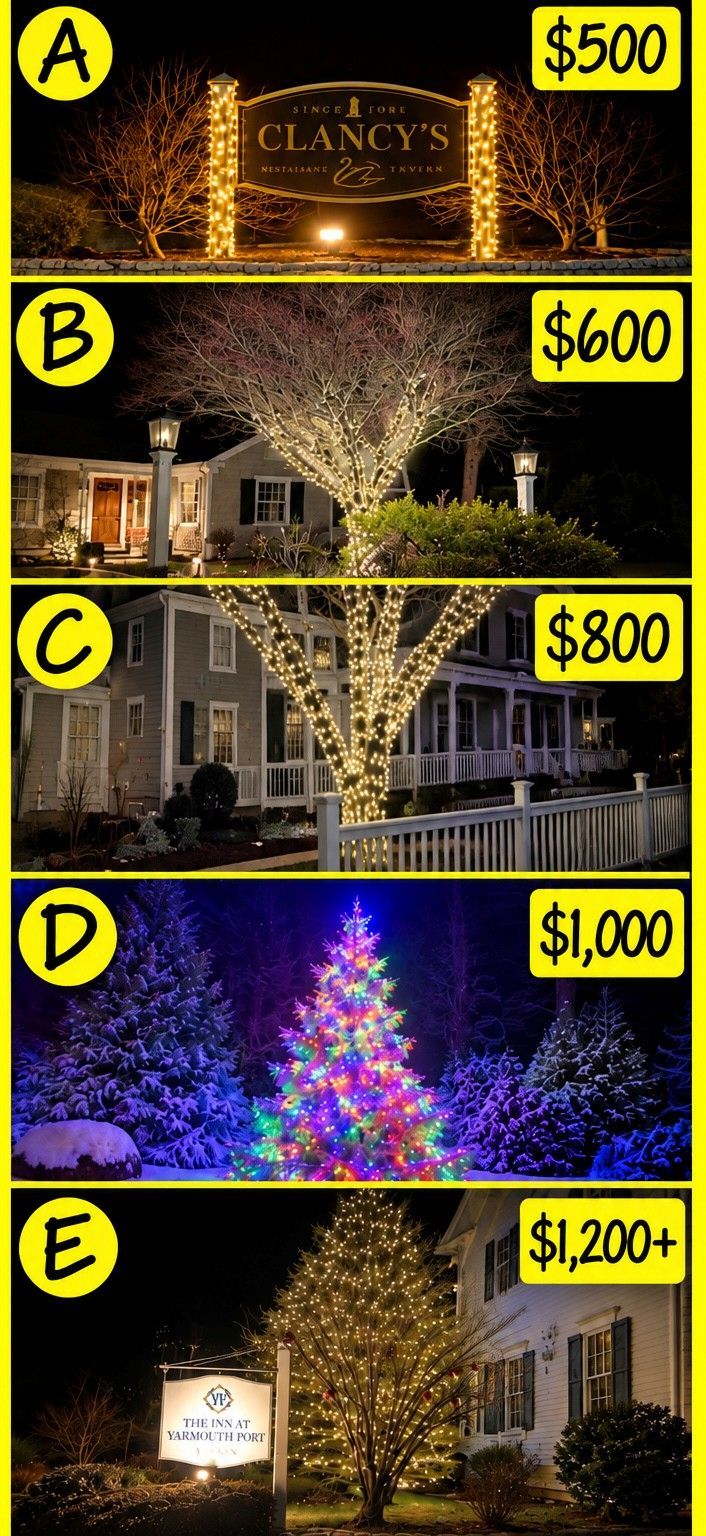 Five nighttime house light displays labeled A–E with prices from $500 to $1,200+