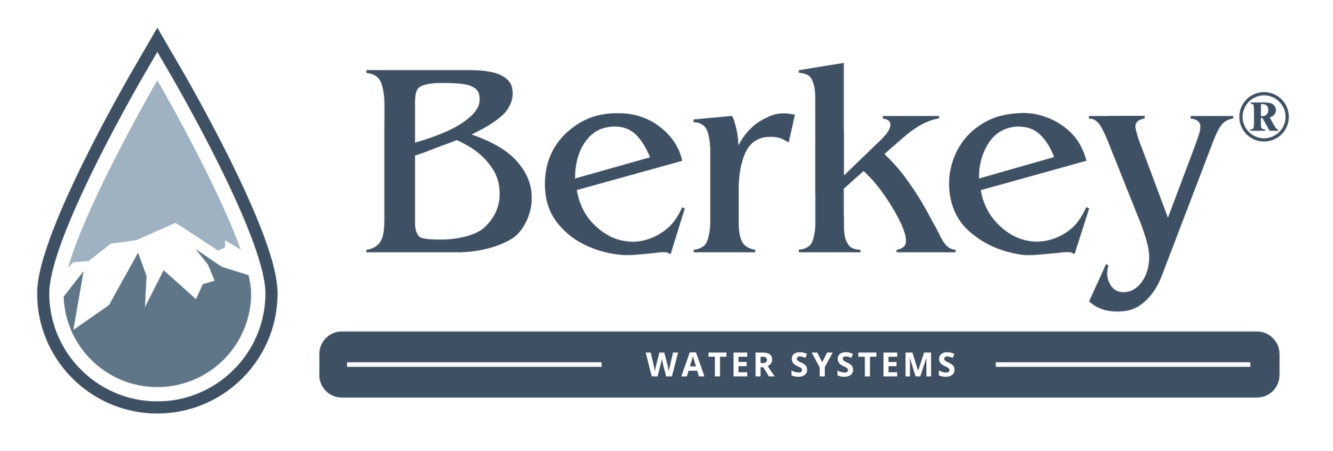 Logo for Berkey water systems, featuring a water droplet icon with mountain scene and the brand name.