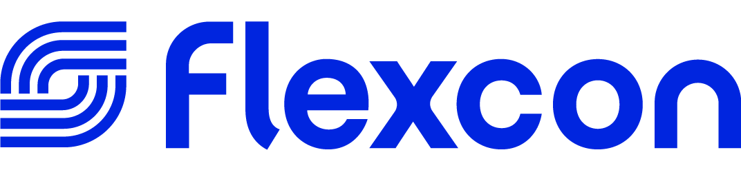 Flexcon logo in blue. The logo includes a series of curved lines and the name 