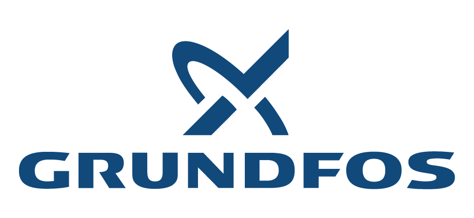 Grundfos logo: A blue symbol with curved lines and the word 