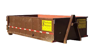 Brown dumpster with red and white stripe,