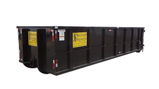 Black industrial dumpster with yellow logo on a white background.