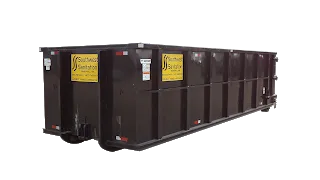 Brown dumpster with yellow logo, parked outside.