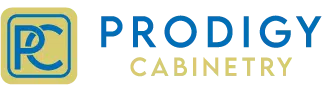 The logo for prodigy cabinetry is blue and yellow.