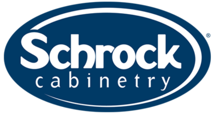 The schrock cabinetry logo is blue and white