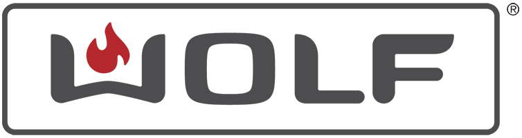 A wolf logo with a red flame on a white background.