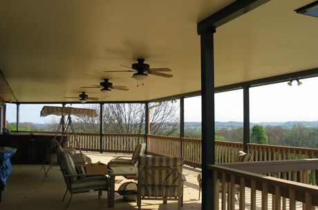 A screened in porch with a view of the mountains